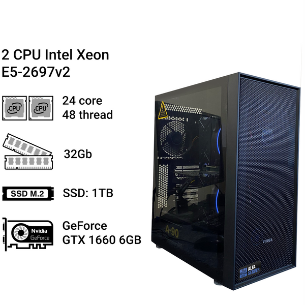 Двопроцесорна робоча станція Alfa Server #77, 2x Intel Xeon E5 2697v2, 24 ядра, 48 потоків, ОЗП 32 GB, GeForce GTX 1660 6GB 0077 фото