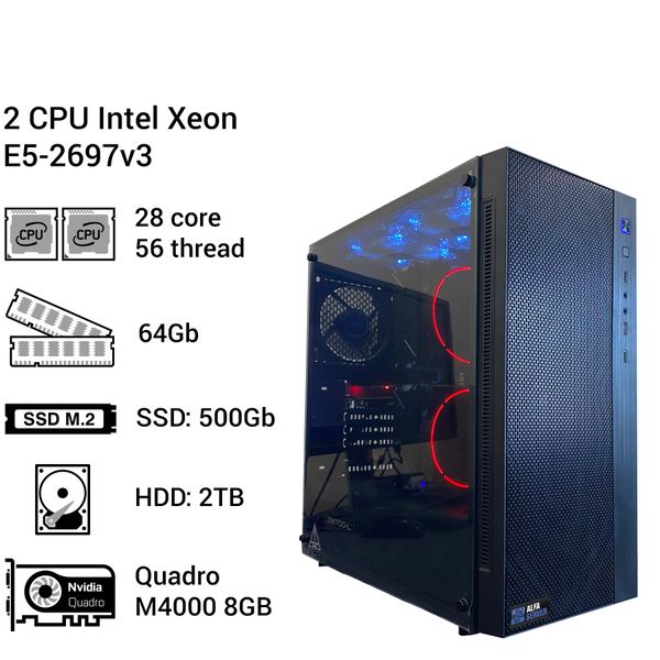 Двухпроцессорная рабочая станция #22 2x Intel Xeon E5 2697v3 28 ядер, 56 потоков, ОЗУ 64 GB, NVIDIA Quadro M4000 8GB 0022 фото
