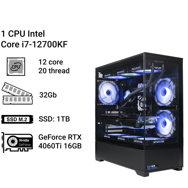 Робоча станція Alfa Server #303 Core i7-12700KF, 12 ядер 20 потоків, 32 ОЗП, GeForce RTX 4060Ti 16GB 0303 фото