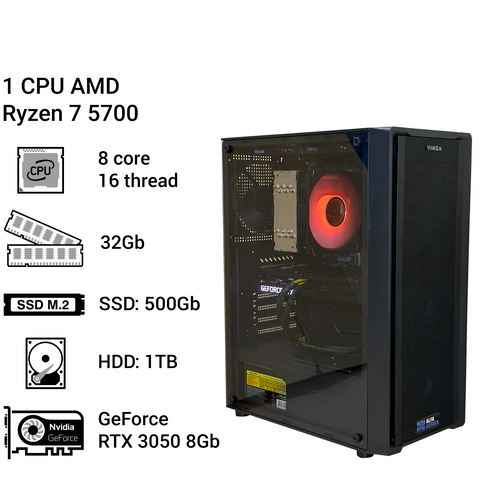 Робоча станція Alfa Server Ryzen 7 5700X #158 8 ядер 16 потоків, 32 ОЗП, GeForce RTX 3050 8Gb 0158 фото