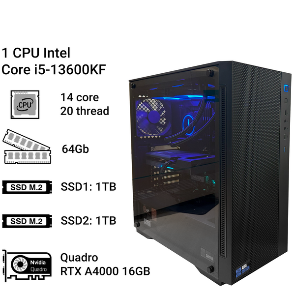 Робоча станція Alfa Server #216, Intel Core i5-13600KF, 14 ядер, 20 потоків, ОЗП 64GB, QUADRO RTX A4000 16GB 0216 фото