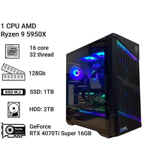 Робоча станція Alfa Server #52, Ryzen 9 5950X, 16 ядер 32 потоки, 128 ОЗП, GeForce RTX 4070Ti Super 16GB 0052 фото