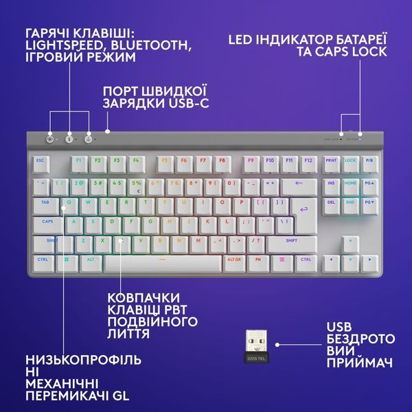 Клавиатура Logitech G515 TKL Lightspeed Tactile Bluetooth UA White (920-012539) 110060 фото