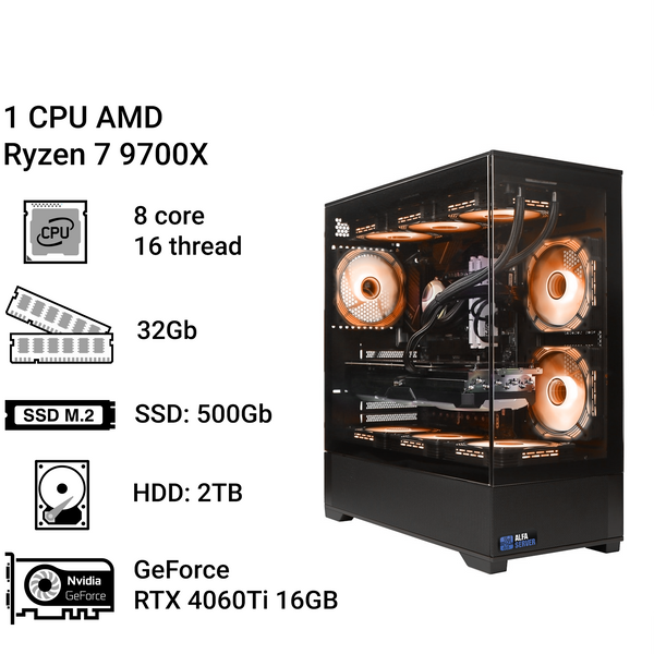 Робоча станція Alfa Server #34  AMD Ryzen 7 9700X, 8 ядер, 16 потоків, ОЗП 32 GB,  GeForce RTX 4060Ti 16GB 0034 фото