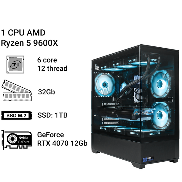 Робоча станція Alfa Server #300  AMD Ryzen 5 9600X, 6 ядер, 12 потоків, ОЗП 32 GB,  GeForce RTX 4070 12GB 0300 фото