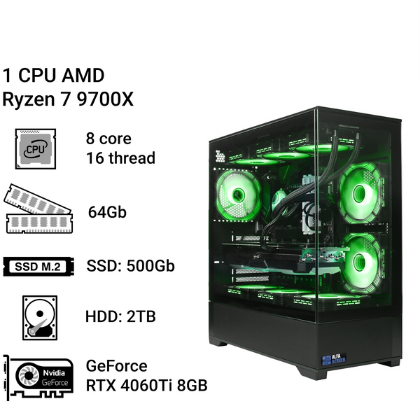 Робоча станція Alfa Server #293  AMD Ryzen 7 9700X, 8 ядер, 16 потоків, ОЗП 64 GB,  GeForce RTX 4060Ti 8GB 0293 фото