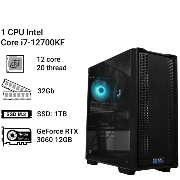 Робоча станція Alfa Server #86 Core i7-12700KF, 12 ядер 20 потоків, 32 ОЗУ, GeForce RTX 3060 12Gb 0086 фото