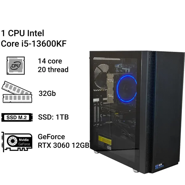 Робоча станція Alfa Server #260 Core i5-13600KF, 14 ядер, 20 потоків, 32 ОЗП, GeForce RTX 3060 12GB