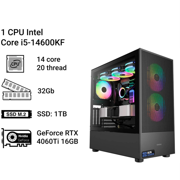 Робоча станція Alfa Server #261 Core i5-14600KF, 14 ядер, 20 потоків, 32 ОЗП, GeForce RTX 4060Ti 16GB 0261 фото